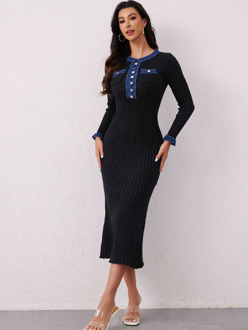 'Rhoswen' Knitted Long Sleeve Sweater Dress - Celes Fashion
